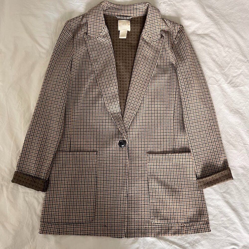 H&M Women’s Brown Plaid Blazer Button Pockets, Size 2,